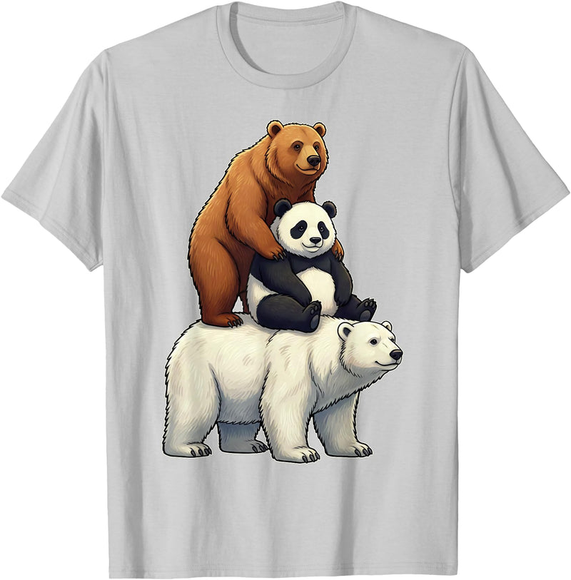 Cute Bear Panda Polar Bear Stack Funny Wildlife Funny Bears Stacked Panda Grizzly Polar Bear Trio Meme Art T-Shirt - Silver Grey