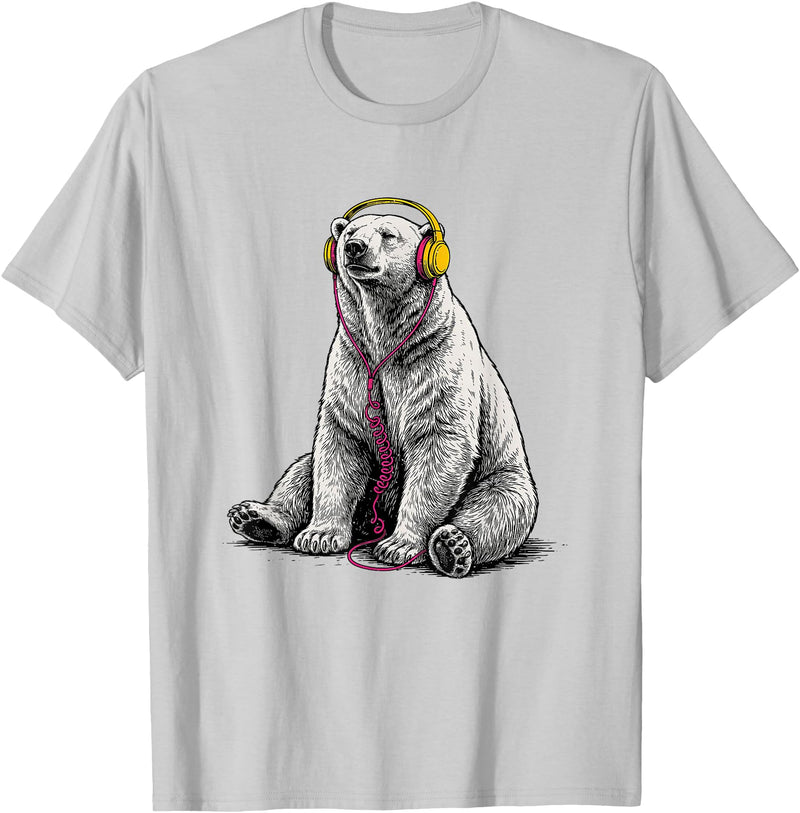 Arctic Wildlife Music Lover Designs Polar Bear Headphones Music Lover Funny Arctic DJ T-Shirt - Silver Grey