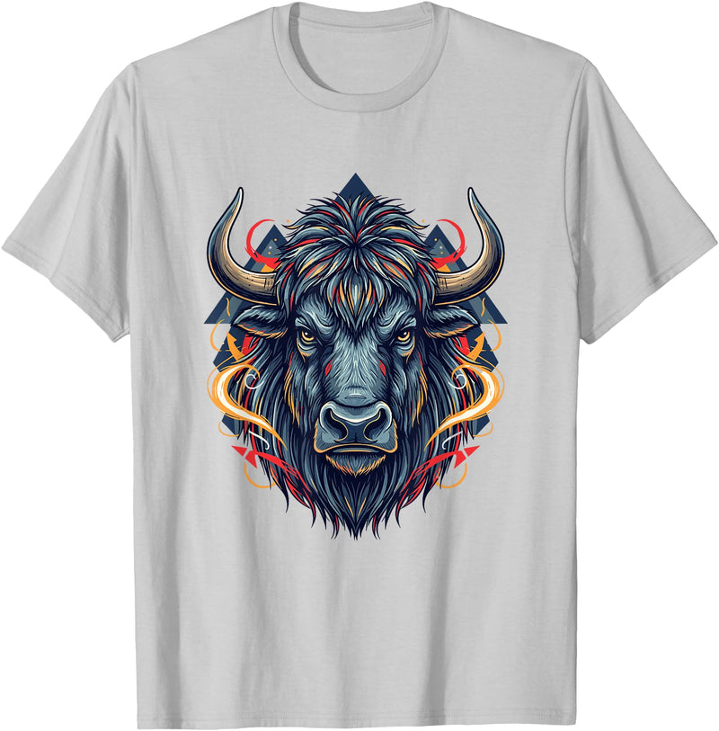 Wild Buffalo Bison Tribal Western Spirit Fierce Wild Bison Head Tribal Geometric Buffalo T-Shirt - Silver Grey