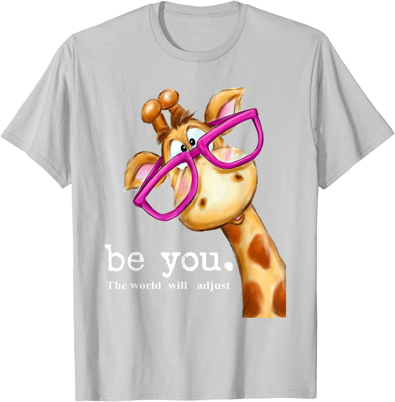 Sarcasm Funny Gag Gifts Tee for Men Women Be You The World Will Adjust Cute Lover Giraffe Glasses T-Shirt - Silver Grey