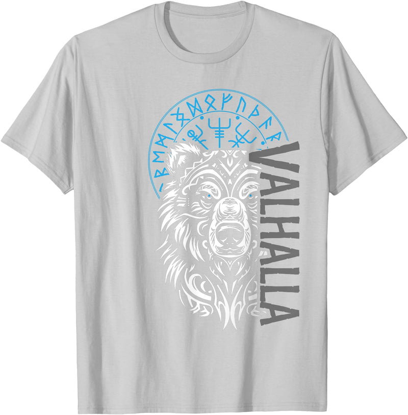 Nordic Valor, Viking Visions, Berserk til Valhalla Valhalla & Viking Compass - Nordic Bear Design T-Shirt - Silver Grey