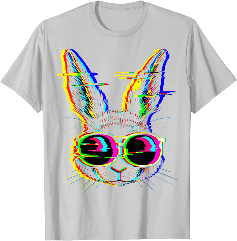 Trippy Rabbit Vibrant Glitch Effects Vaporwave EDM Lover T-Shirt in Silver Grey