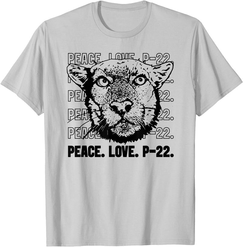 P22 Mountain Lion Tee Shirts for Nature Lovers P-22 Mountain Lion Legend LA California Art P22 Peace Love T-Shirt - Silver Grey