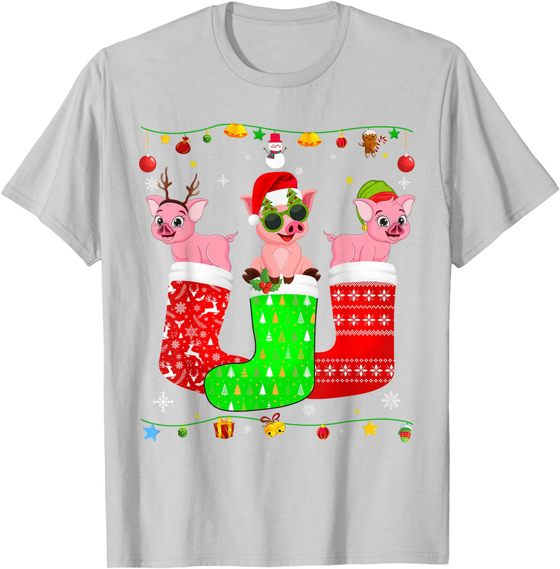 Christmas Pajama Top Matching Outfit Co Three Pig In Christmas Socks Matching Xmas Pajama T-Shirt - Silver Grey