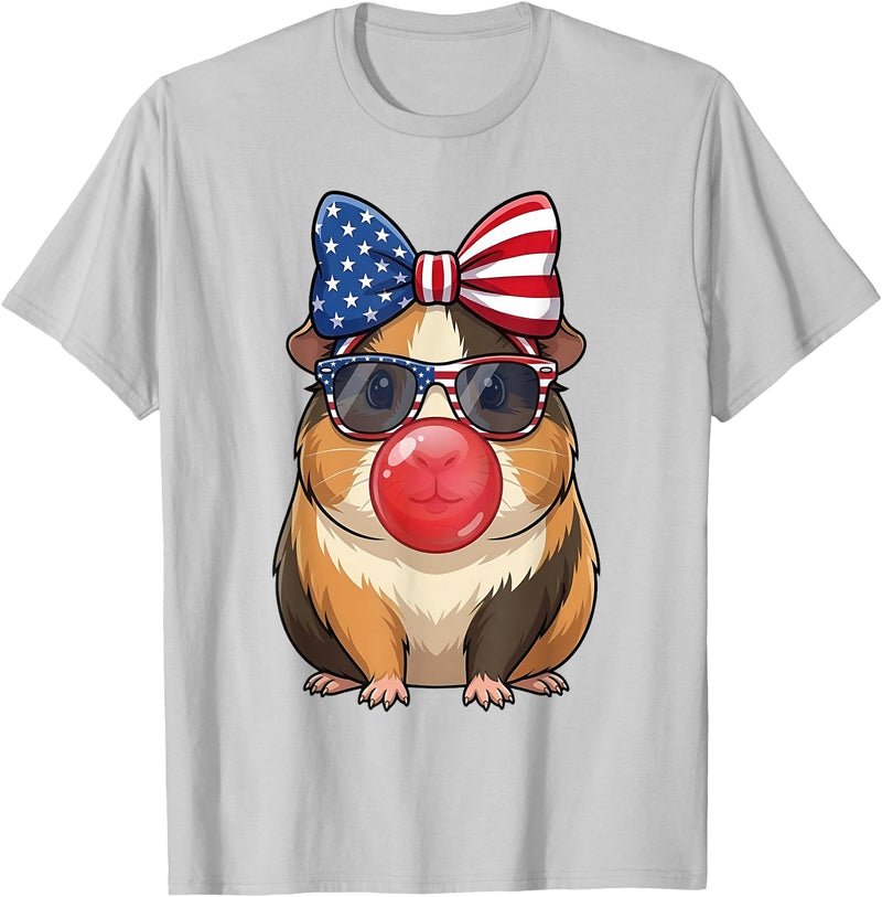 Cute Guinea Pig Bubble Gum Coquette Bow Girls Kids Patriotic Guinea Pig 4th of July Bow American Flag Girls T-Shirt - Silver Grey