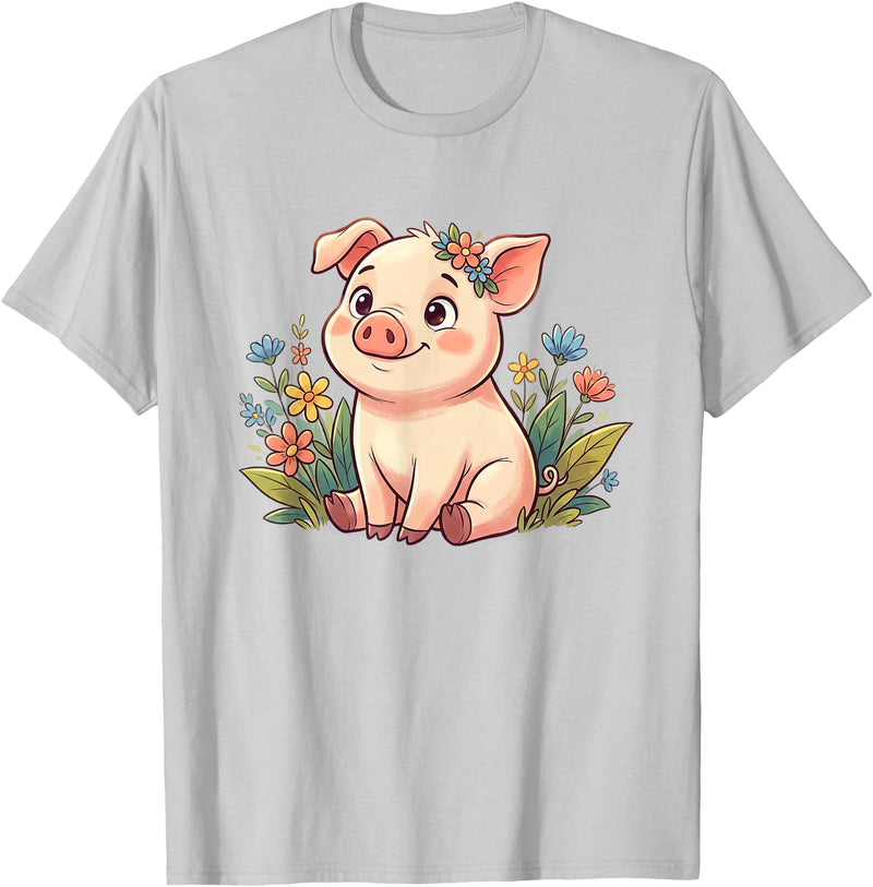 Cute Farm Piglet With Wildflowers Pastel Kawaii Baby Pig Surrounded by Colorful Flowers T-Shirt - Silver Grey