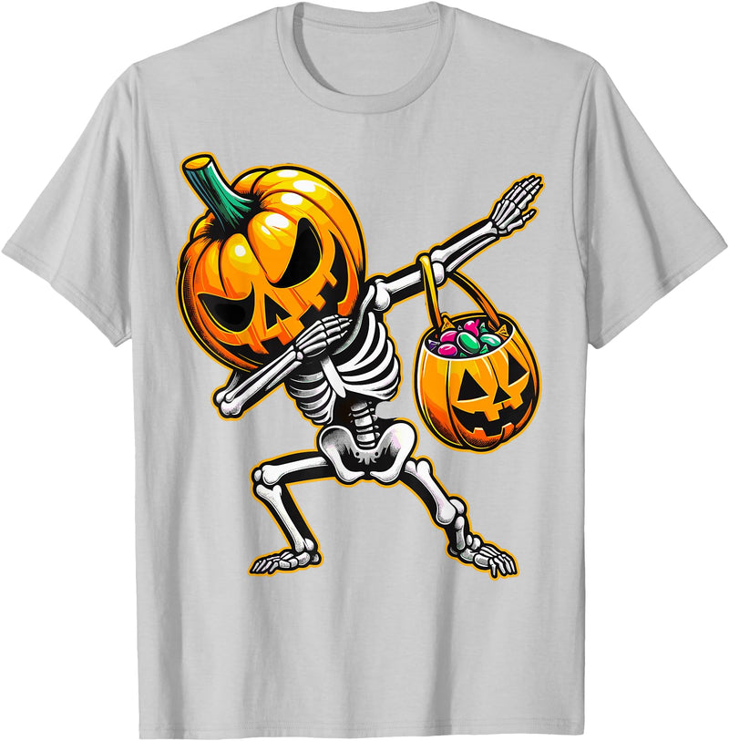 Funny Dab Skeleton Pumpkin Halloween Dabbing Skeleton Pumpkin Candy Funny Halloween T-Shirt - Silver Grey