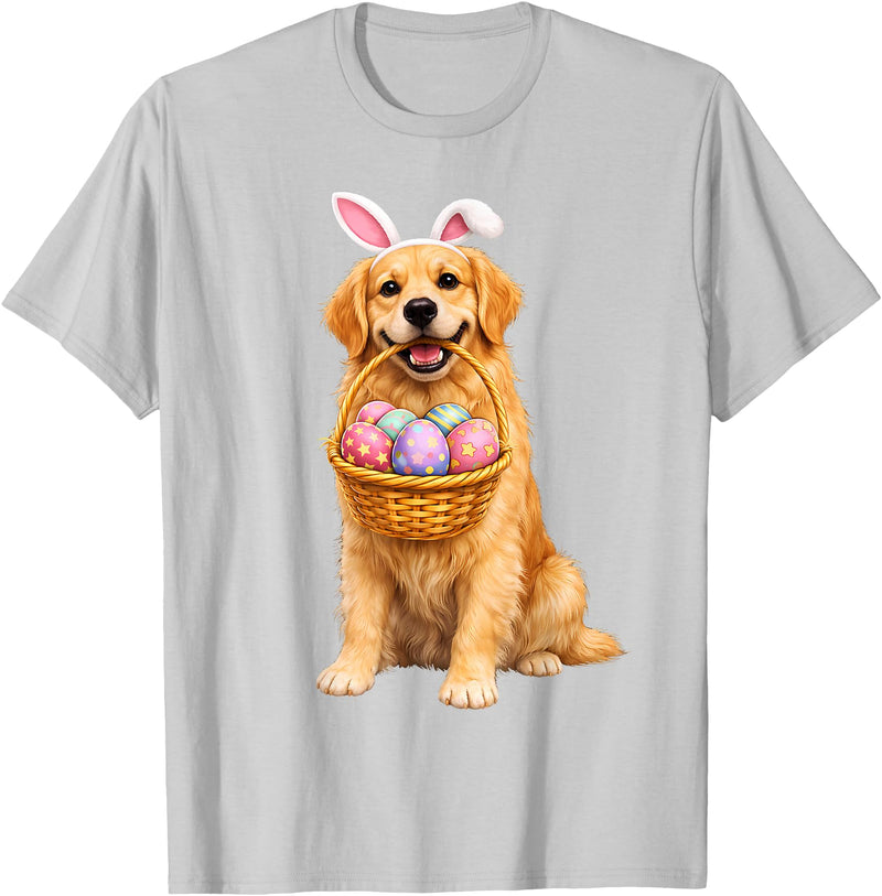 Golden Retriever Bunny Ears Eggs Cute Easter Dogs T-Shirt in Silver Grey