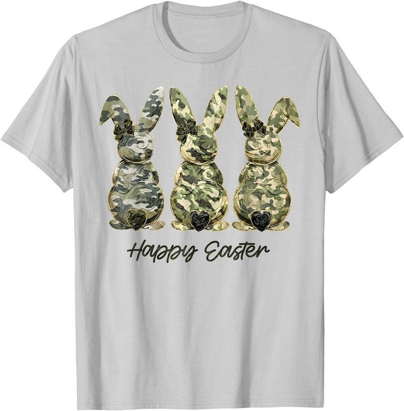 Happy Easter Camo Bunny Rabbit Coquette Bow Hunting Lover T-Shirt in Silver Grey