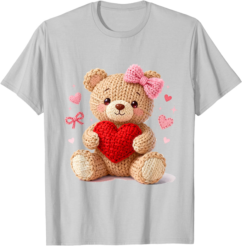 Cute Crochet Valentine Love Art Studio Be My Valentine Cute Crochet Yarn Teddy Bear Love T-Shirt - Silver Grey