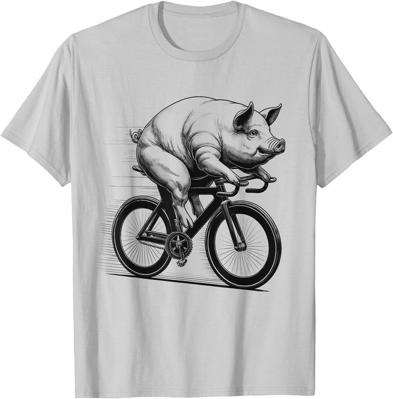 Pig Biker Pig Riding Bike Biker Bicycle Lover Biking T-Shirt - Silver Grey