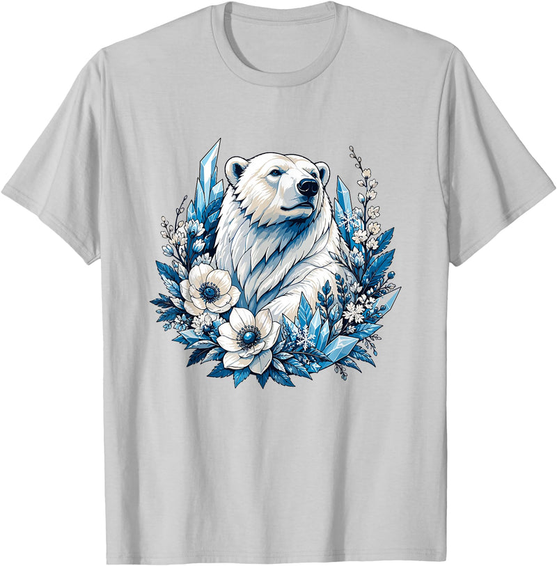 Arctic Polar Bear Floral Crystal Nature Winter Wildlife Polar Bear with Ice Flowers T-Shirt - Silver Grey