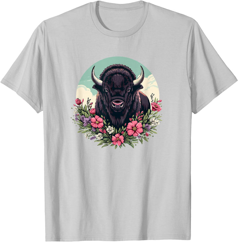 Wild Plains Buffalo Bison Gifts T Shirts & Hoodies Womens Girls Old West Retro Vintage Floral Buffalo Lover T-Shirt - Silver