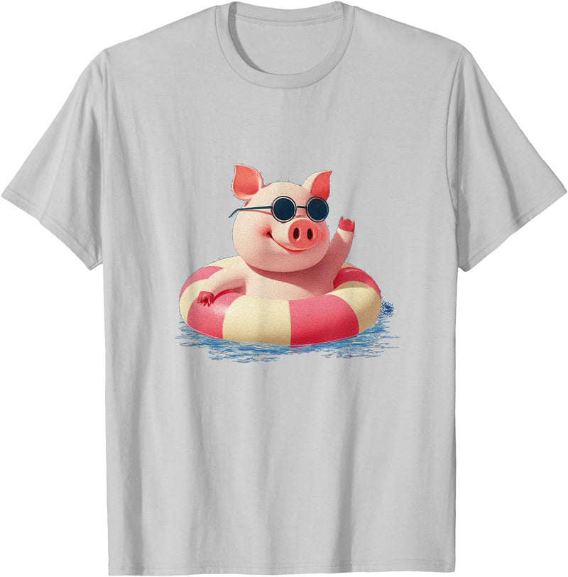 Vacation Pig Outfit Pig Sunglasses Graphic with Beach Ring T-Shirt - Silver Grey