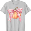 Coquette Halloween Tees NYC Coquette Autumn Pumpkin Pink Bow Girly Halloween Fall Women T-Shirt - Silver Grey