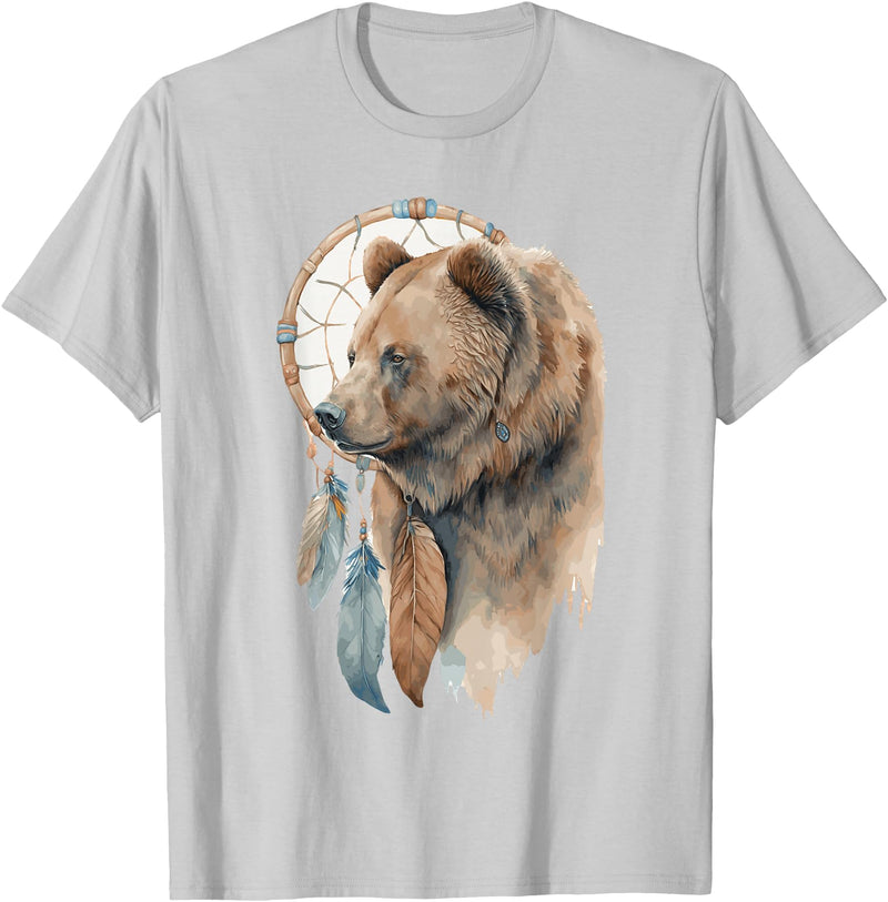 More Tribal Native American Totem Animal Art Bear Tribal Watercolor Bear Dream Catcher T-Shirt - Silver Grey