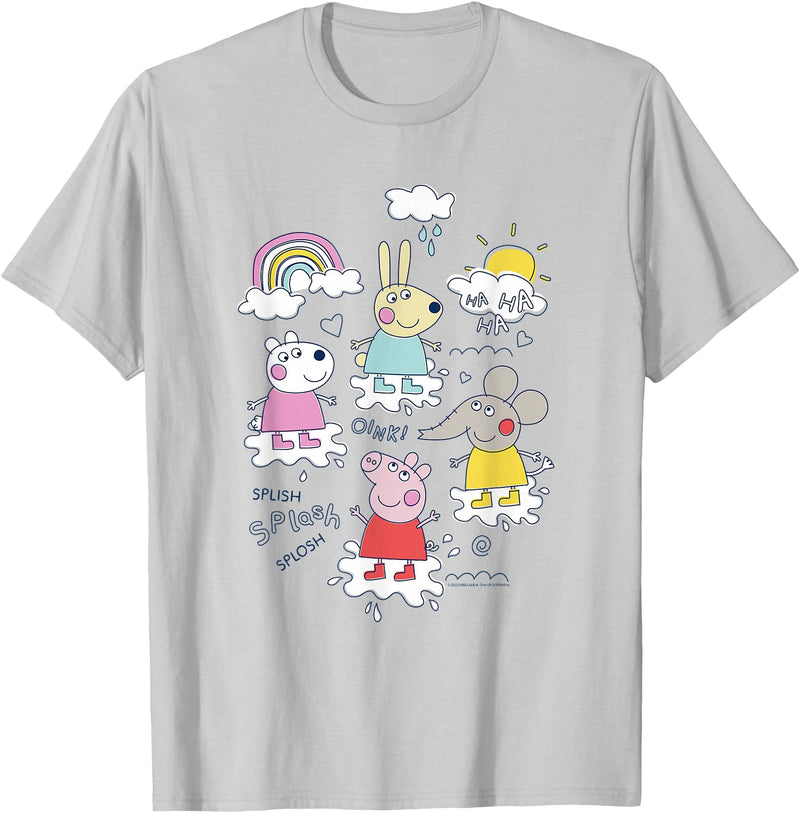 Peppa Pig Splish Splash Splosh Friends Playing In Puddles T-Shirt - Silver Grey