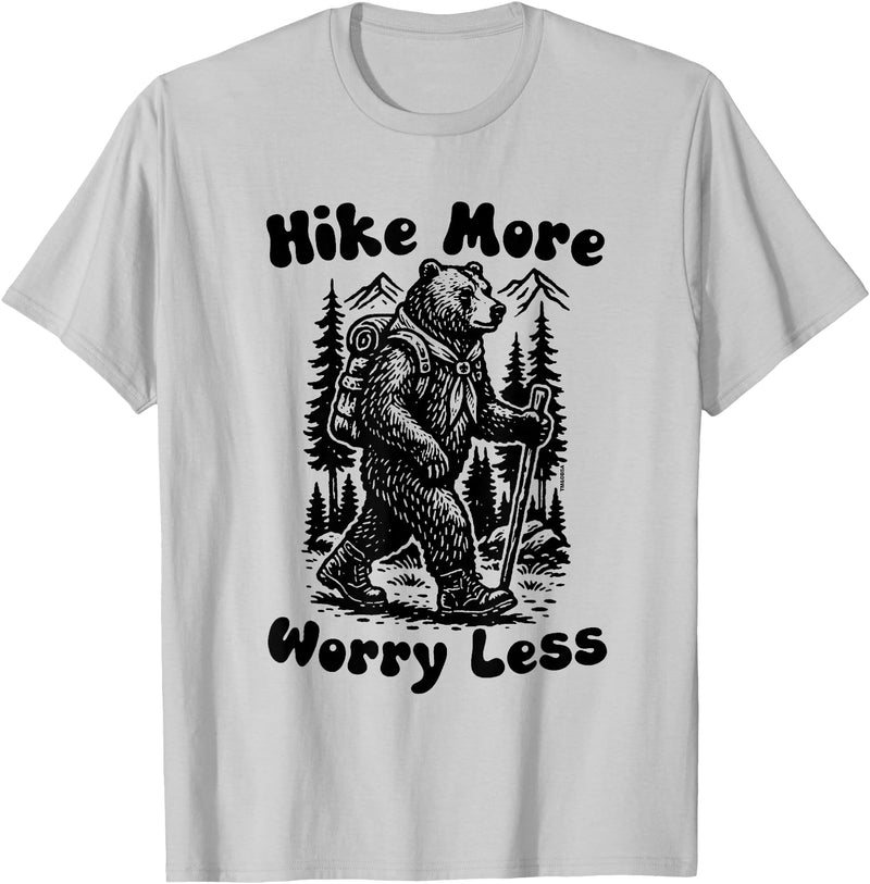 Outpost Scouting Gear by Giant Step Design Co. Hike More Worry Less Funny Cub Scouts BSA Hiking Bear T-Shirt - Silver Grey