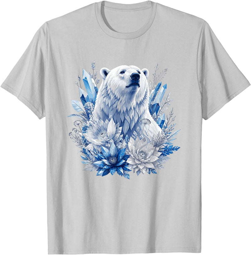 Arctic Polar Bear Crystal Flowers Nature Majestic Arctic Polar Bear with Ice Flowers Fantasy T-Shirt - Silver Grey