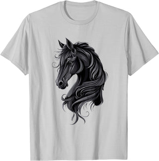 Artful Horse Designs Black Horse Portrait – Friesian Horse T-Shirt - Silver Grey