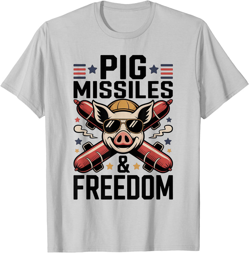 Pig Missiles and Freedom 4th of July USA BBQ Pig Missiles and Freedom 4th of July Patriotic Pig Rocket T-Shirt - Silver Grey