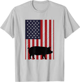 Farm Pig Patriotic United States Flag Kids Animal Patriotic Pig Silhouette American Flag Farm Kids Fourth T-Shirt - Silver Grey