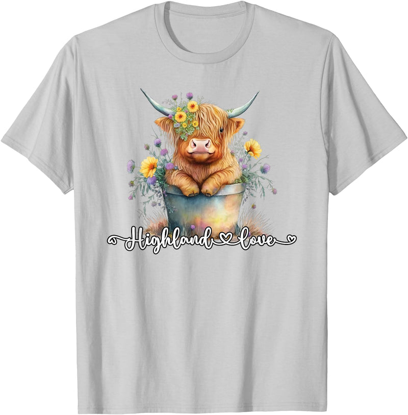KAEDAM Gifts: Highland Cows Cute Baby Highland Cow Calf Love Spring Pastel Novelty T-Shirt - Silver Grey