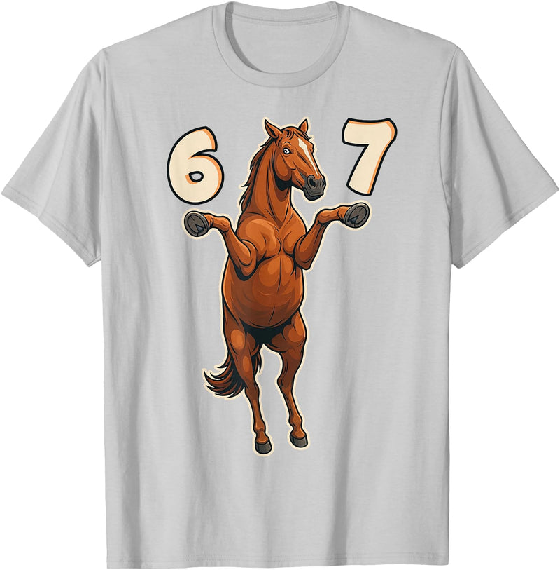 Horse 67 Meme Six Seven Hilarious Gen Alpha Gen Z 67 Horse Meme Pose Trend Funny Gen Alpha Humor Kids Teens T-Shirt - Silver Grey