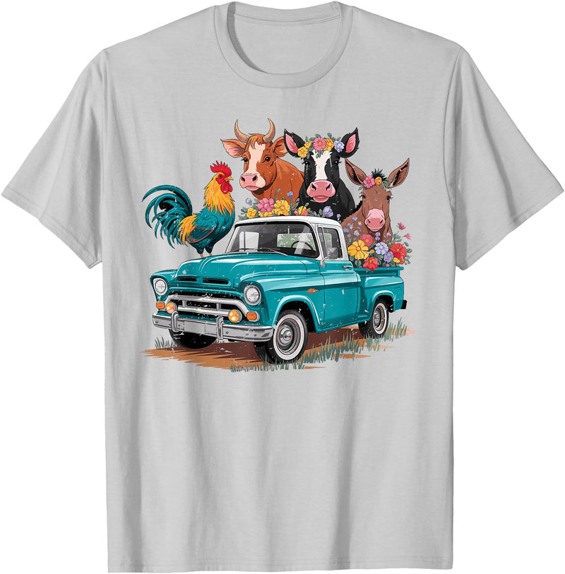 Farm Pickup Truck Farm animals Cow Girl Wife Tee Vintage Pickup Truck Farm Animals Rooster, Cow, Pig, Donkey T-Shirt -