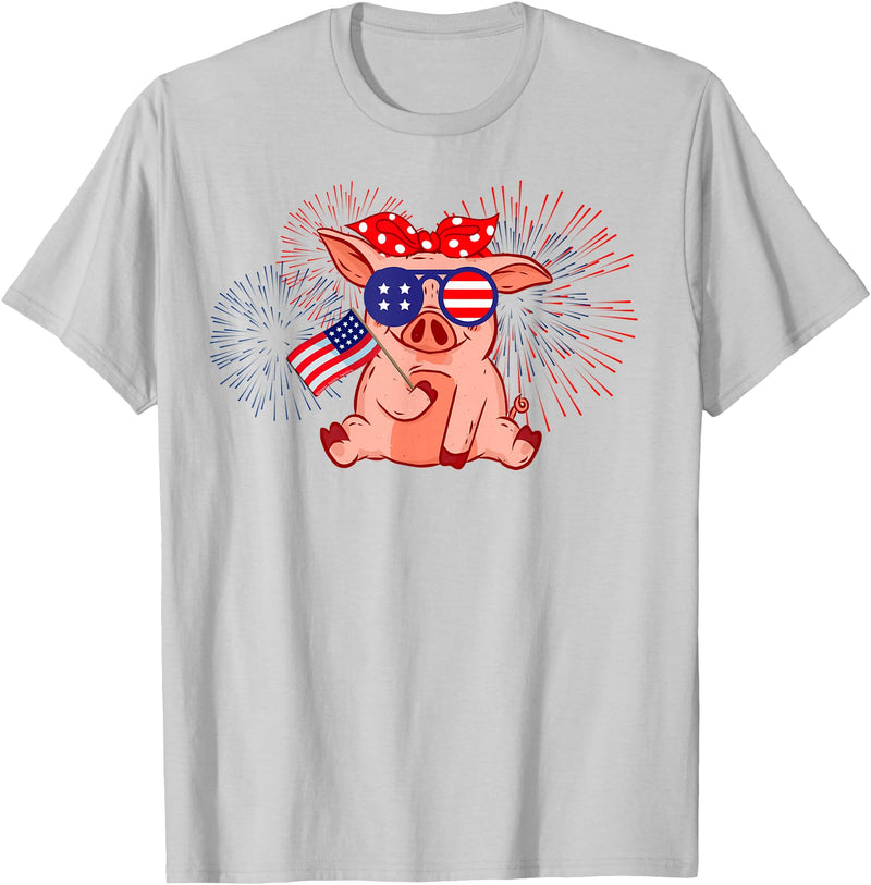Your Country USA Dibble Dabble Designs Cute Patriotic Pig with Glasses and Flag - 4th of July T-Shirt - Silver Grey