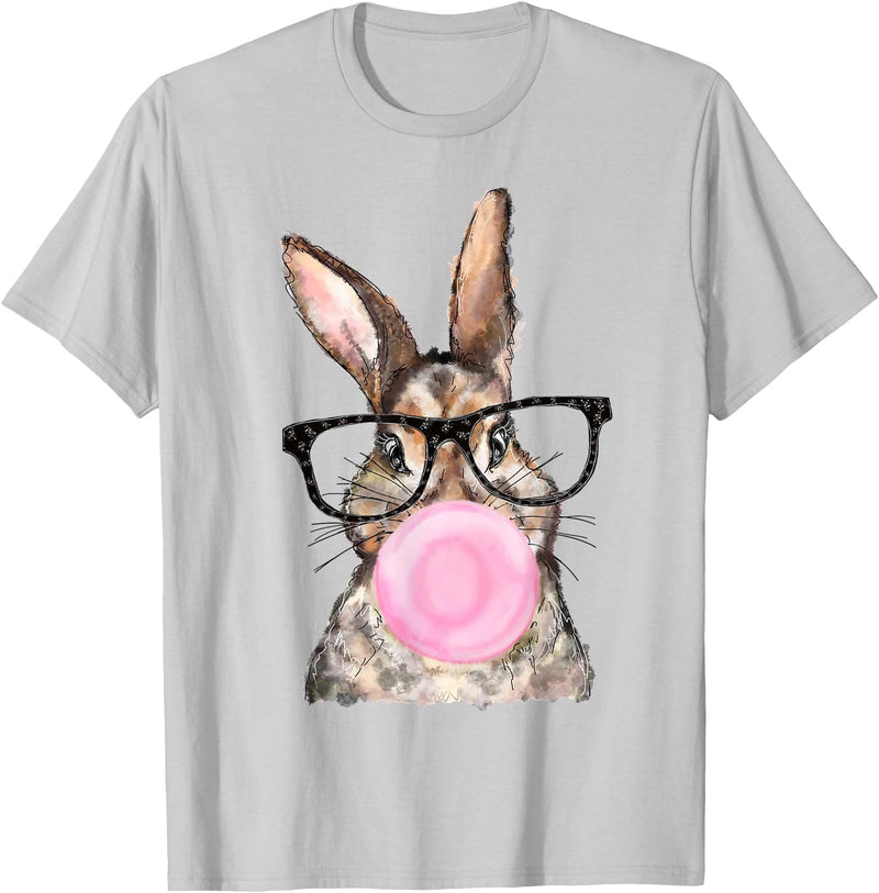 Cute Bunny Glasses Bubblegum Easter Day Girls Kids Boys T-Shirt in Silver Grey