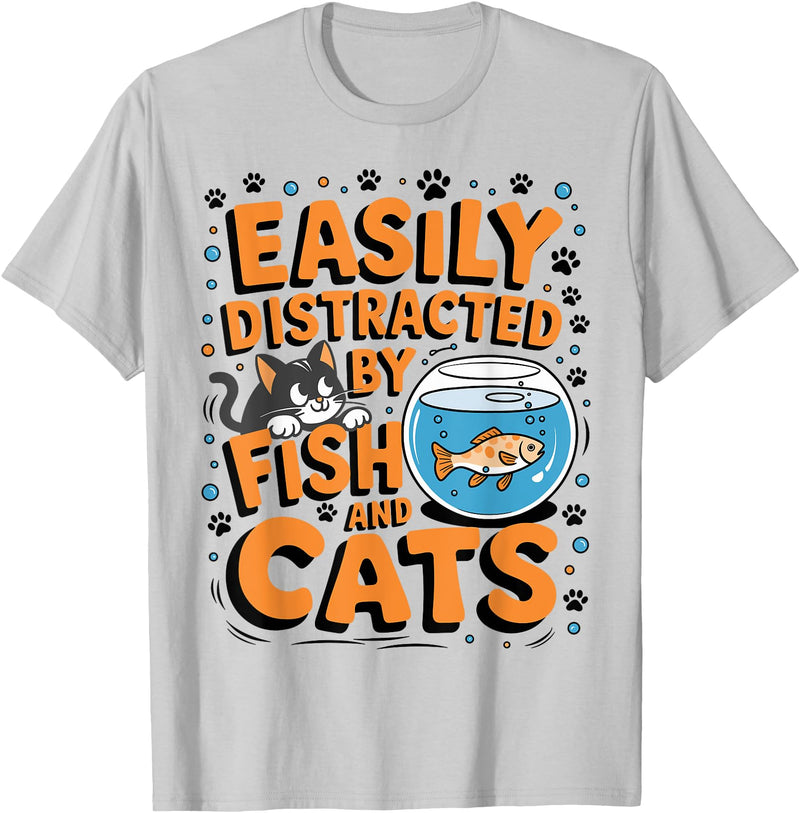 Easily distracted by Apparel Easily Distracted by Fish and Cats T-Shirt - Silver Grey