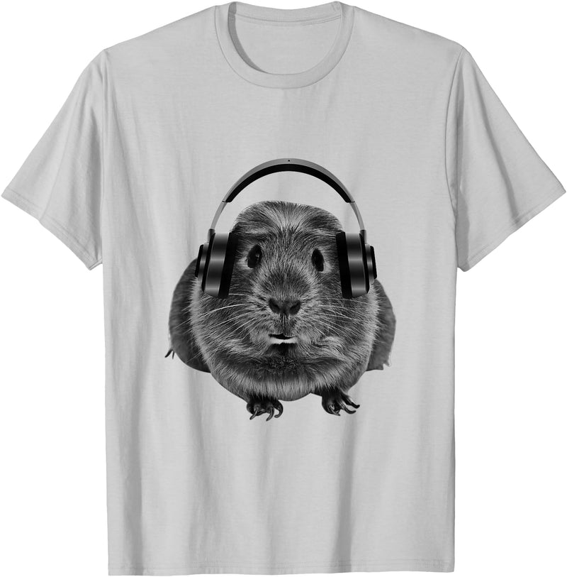 ROSS BOSS Funny Guinea Pig Graphic Tees Guinea Pig Shirt Headphones T-Shirt - Silver Grey