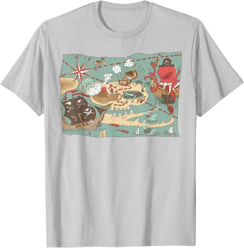 Mel & Bear Treasure Map Ship Sharks Pirates & Skulls Shirt Boys Kids T-Shirt - Silver Grey
