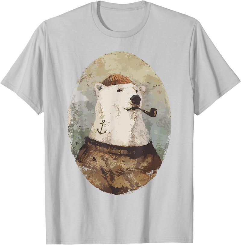 Polar bear Sailor Oil paint Inspired Cool Captain Polar Bear T-Shirt - Silver Grey