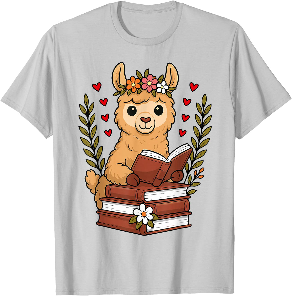 Bookworm Cute Llama Reading Book Llama Reading Book Graphic Llama with Book Floral T-Shirt - Silver Grey