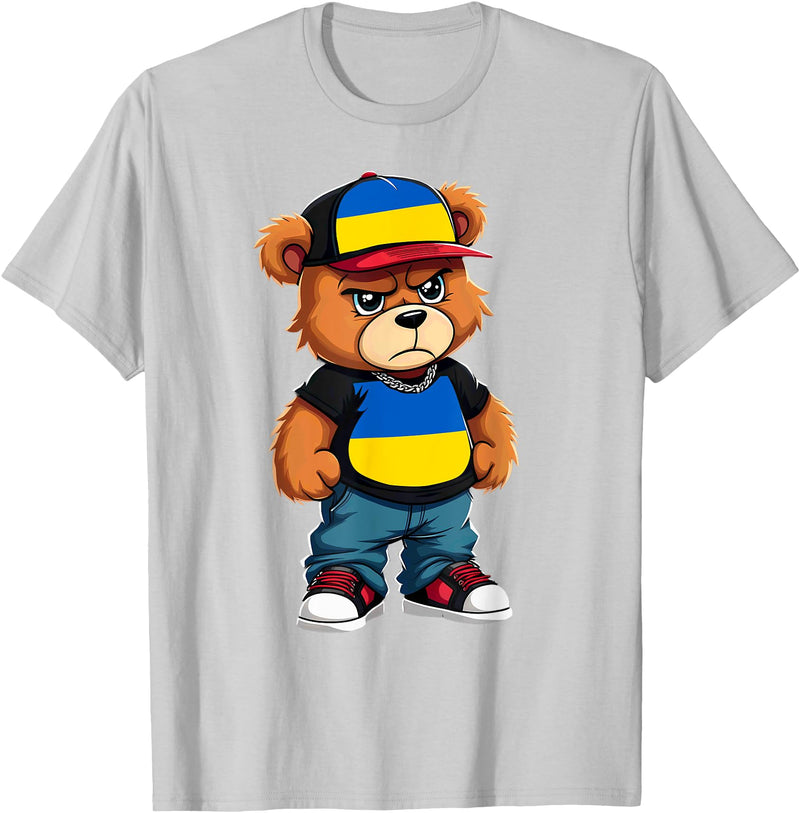 Ukrainian Teddy Bear Breakdance Rapper Ukrainian Flag Teddy Bear Ukraine Hip Hop T-Shirt - Silver Grey
