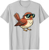 Chipper Feather Co Bird: Sparrow in Sunglasses, Cool Cartoon Avian Attitude T-Shirt - Silver Grey