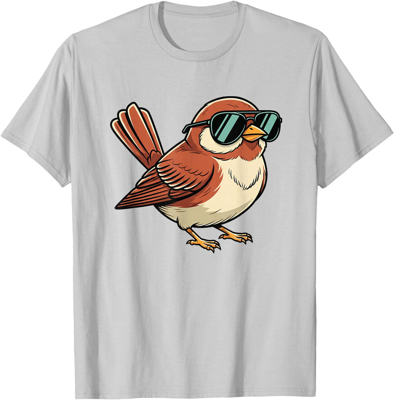 Chipper Feather Co Bird: Sparrow in Sunglasses, Cool Cartoon Avian Attitude T-Shirt - Silver Grey