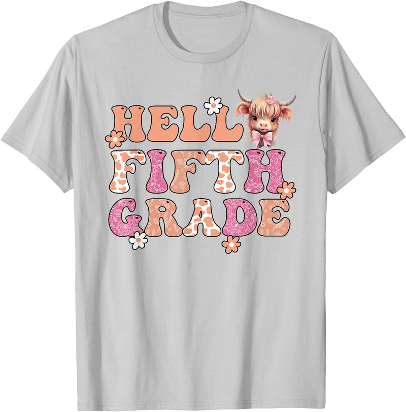 Highland Cow Print First Day of Fifth Grade Tees Hello Fifth Grade Highland Cow Back To School 5th Grade T-Shirt - Silver