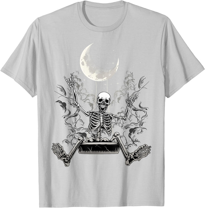Skeleton Love Halloween Moon Skeleton Rock On Hand Spooky Halloween Rock Concerts T-Shirt - Silver Grey