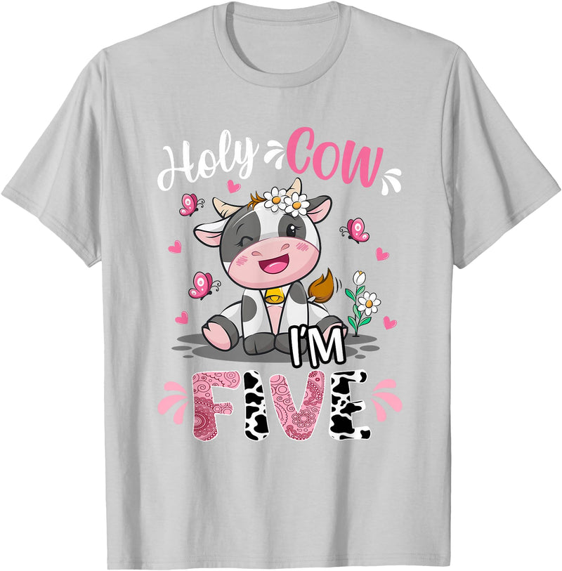Cow Themed Birthday Party Supplies For Girl 5th Holy Cow I'm Five 5 Years Old 5th Birthday Girl Outfit T-Shirt - Silver Grey