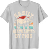 BALARI Easily Distracted by Pigs Funny Retro Pig Farmer Men Women T-Shirt - Silver Grey