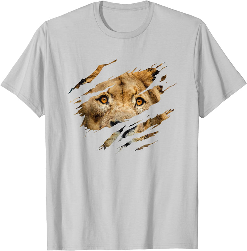 Lion Graphic - Wild Animal Lover Design Lion Outfit - Torn Design Picture Of A Lion's Face T-Shirt - Silver Grey