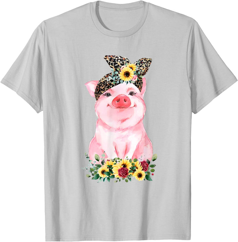 Pig Leopard Headband Flower Tees Pig With Leopard Headband Flower Cute Pig Lover T-Shirt - Silver Grey