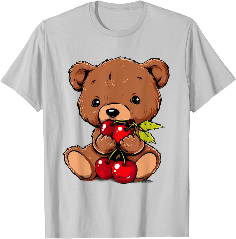 Cute Cherry Animals Cherry Bear Cute Bear Nature Cherry Fruit Artwork Wildlife T-Shirt - Silver Grey