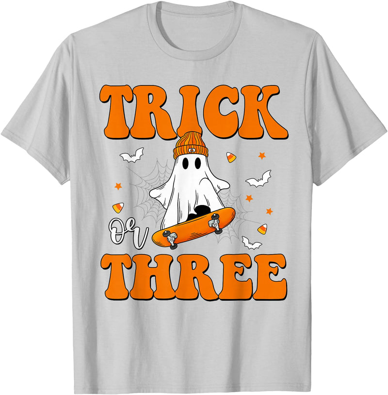3 Year Old Boy Birthday Gift For Spooky Boys Kids Trick or Three 3rd Halloween Birthday Ghost Skateboarding T-Shirt - Silver