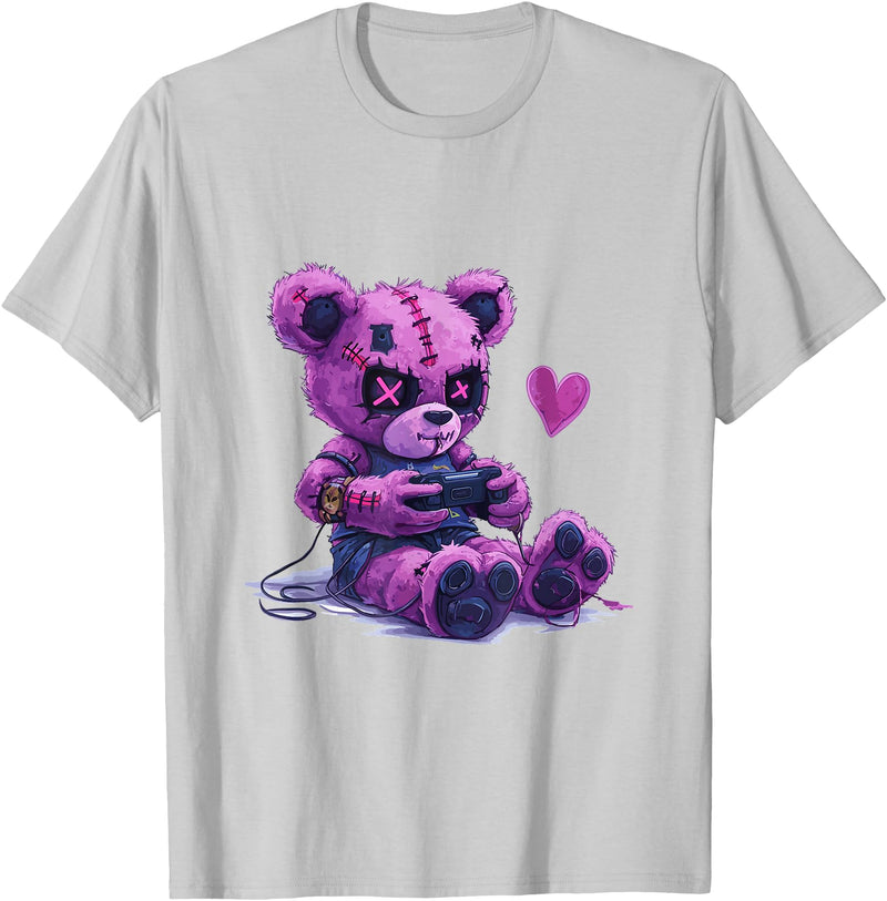 Goth Pastel Cute Creepy Kawaii Gamer Teddy Bear Gaming Rabbit T-Shirt in Silver Grey