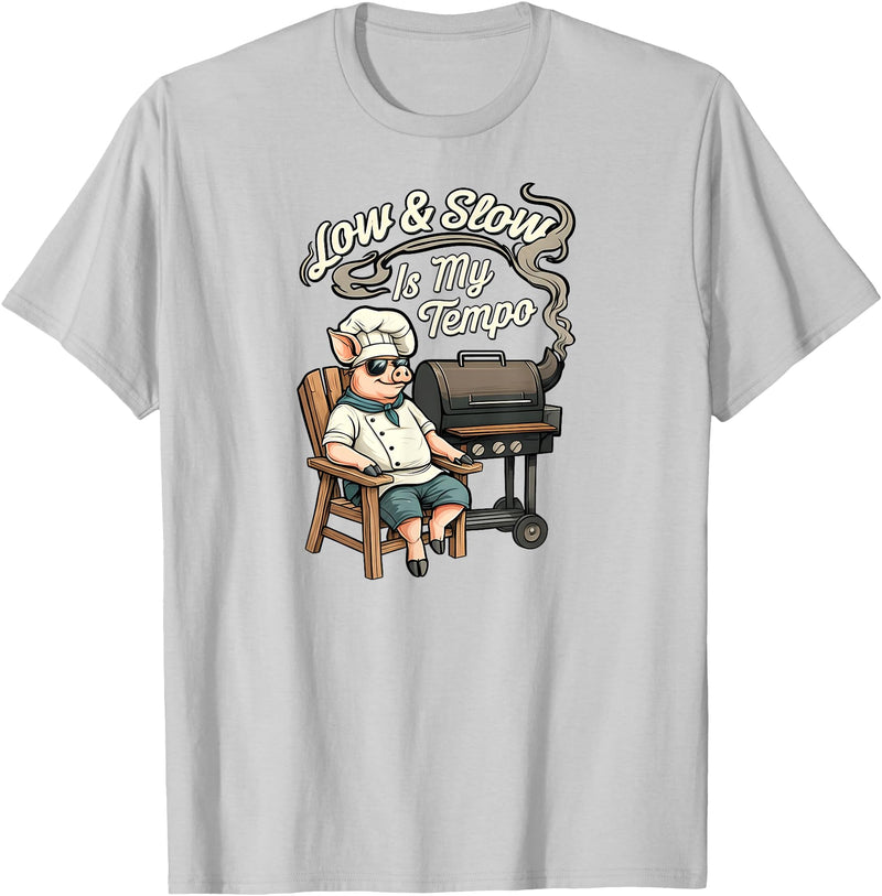 Pitmaster Pig Apparel Low & Slow Is My Tempo Pig BBQ Smoker T-Shirt - Silver Grey