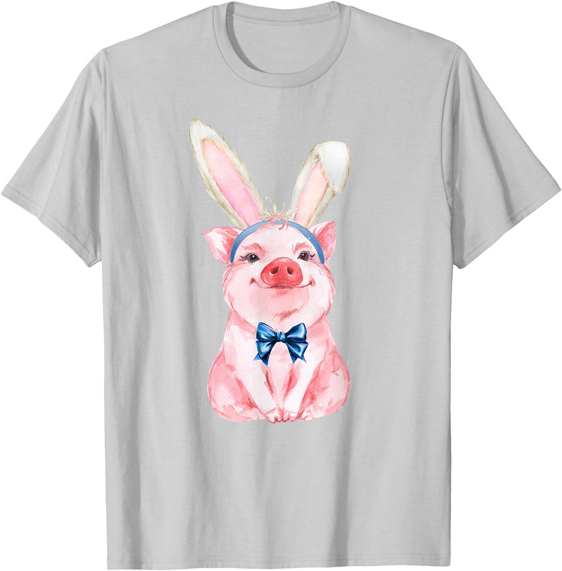 Dibble Dabble Easter Designs Adorable Easter Pig with Easter Bunny Ears - Easter Pig T-Shirt - Silver Grey